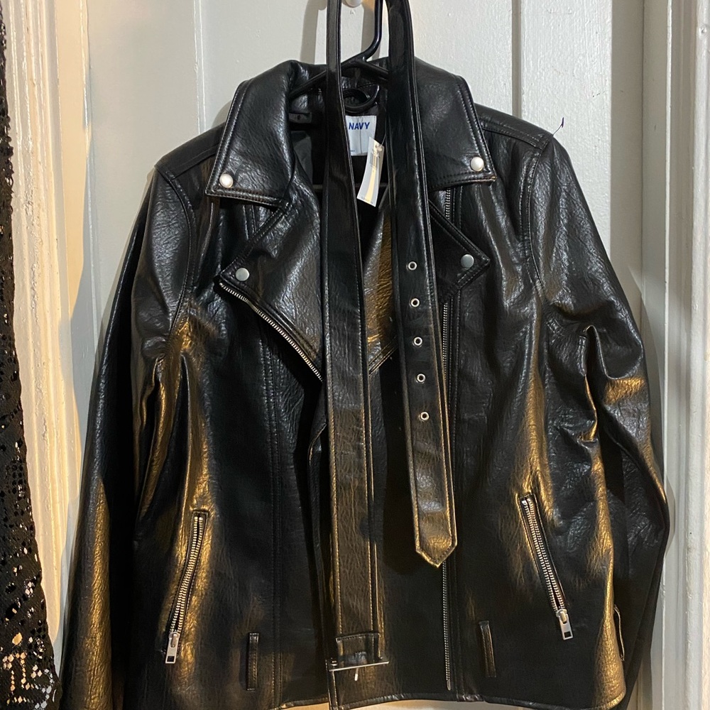 Old Navy Black Faux Leather Jacket with Belt